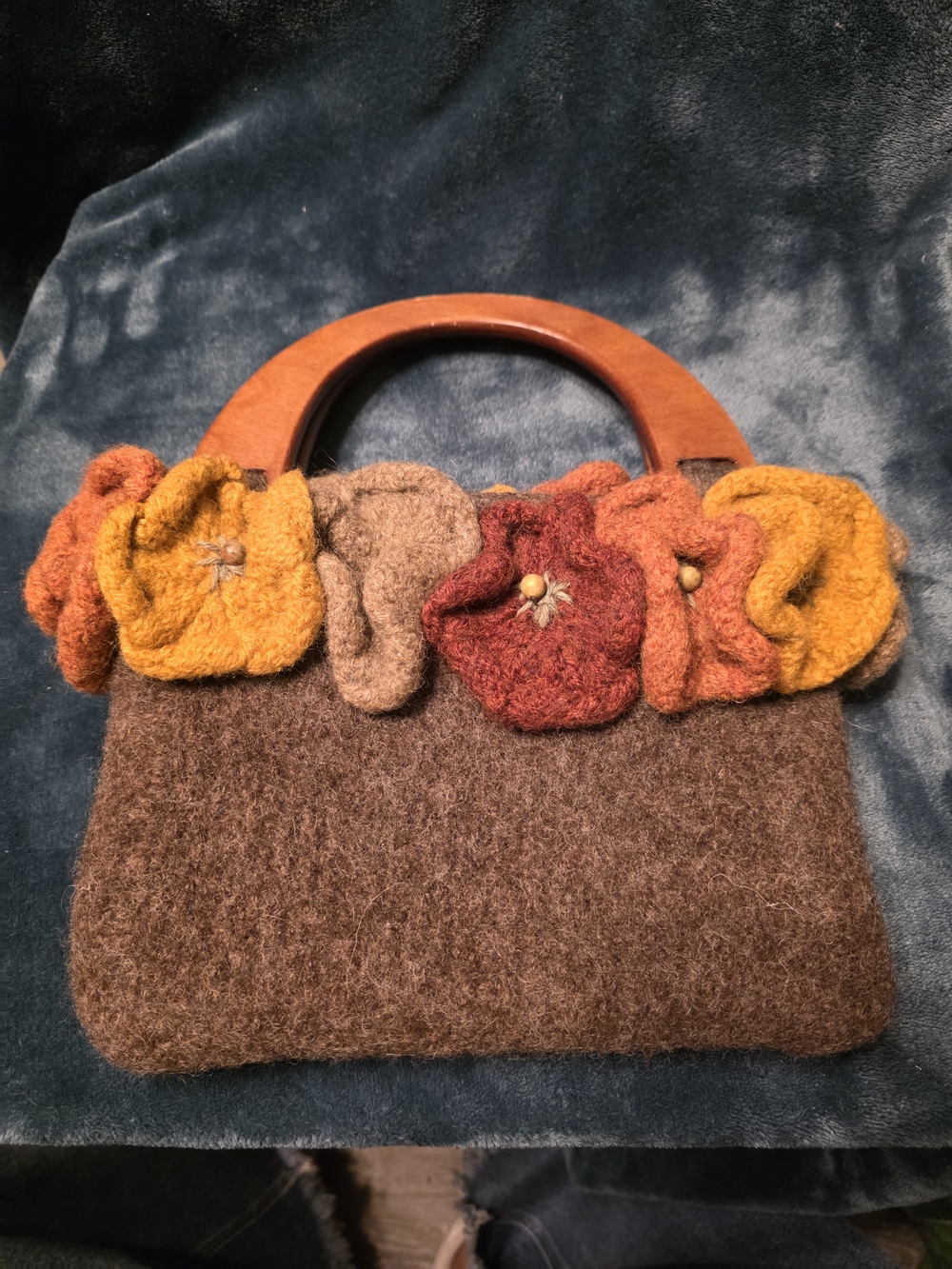 Handcrafted Brown Felt Tote with Wooden Handles and Autumn Floral Trim